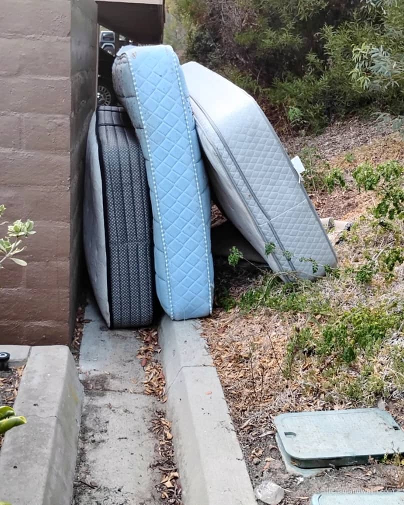 Old mattresses dumped on a hillside walkway in San Diego County, before PHW hauled them away