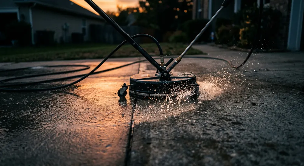 Surface cleaner pressure washing a concrete driveway