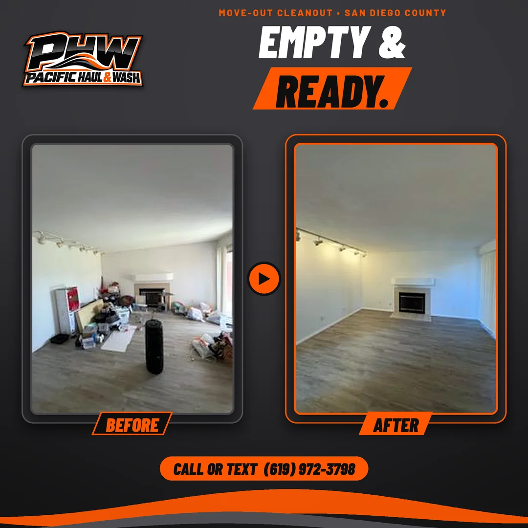 Living room before and after a move-out cleanout