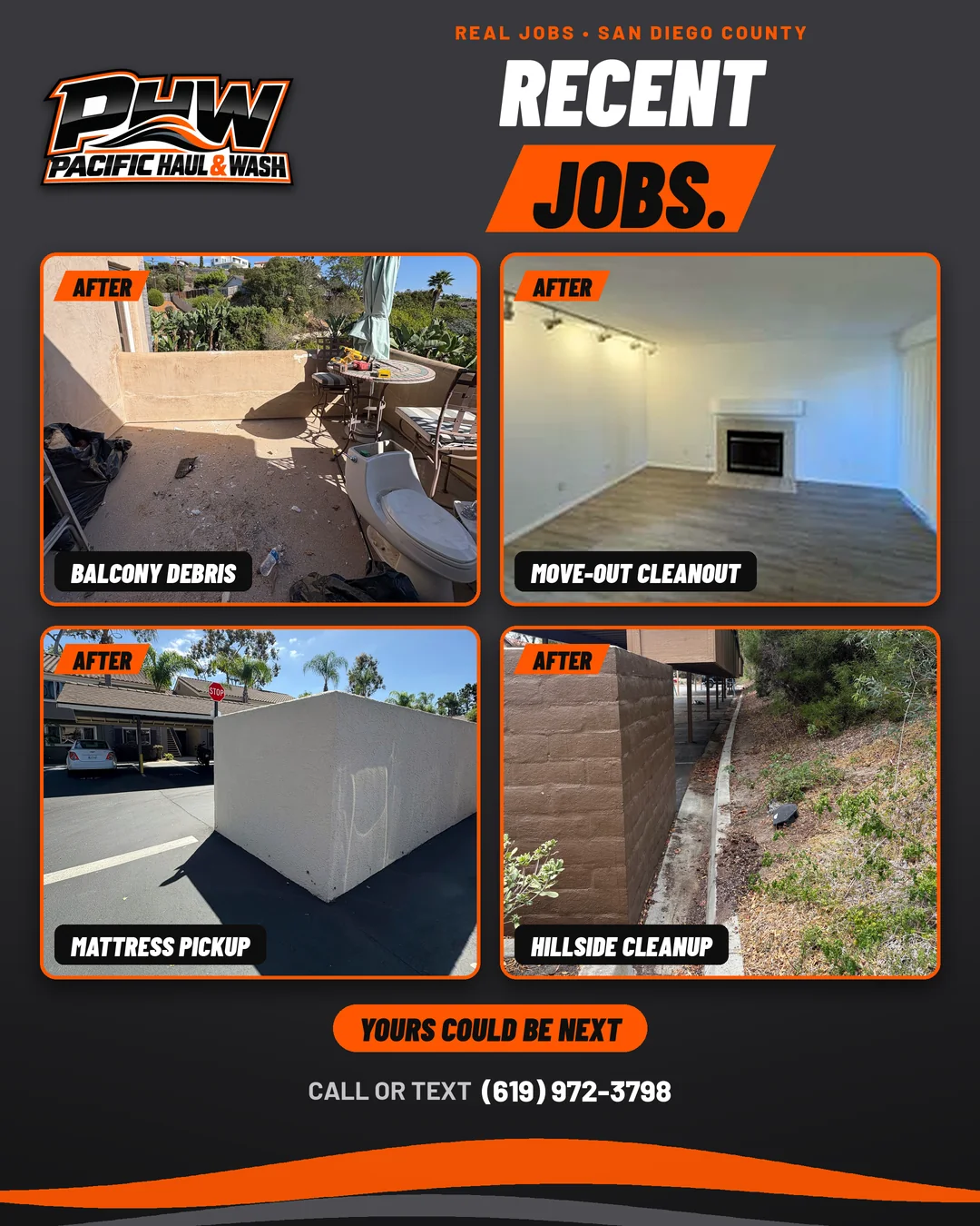 Collage of recent Pacific Haul & Wash junk removal and cleanup jobs in San Diego County